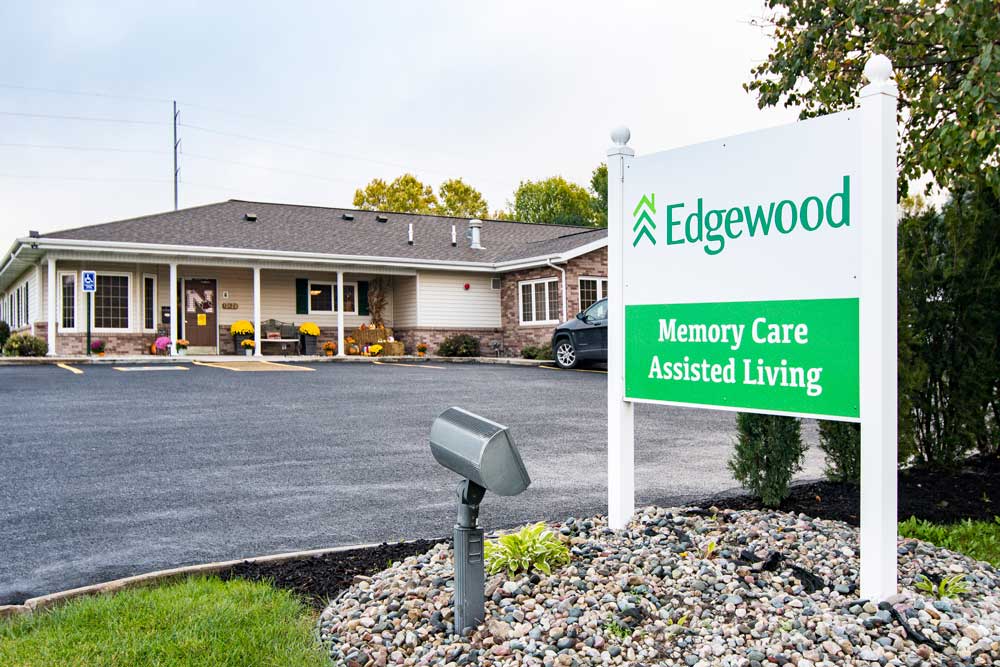 Edgewood logo sign with memory care and assisted living