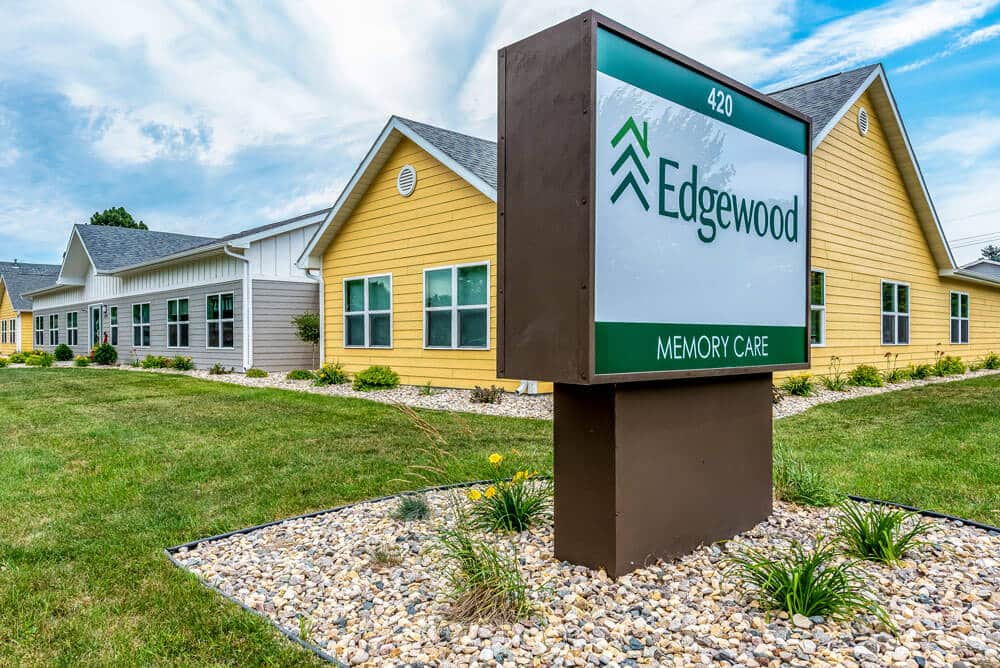 Edgewood logo and sign stating memory care outside